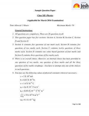 CBSE Class 12 Physics Sample Paper 2016