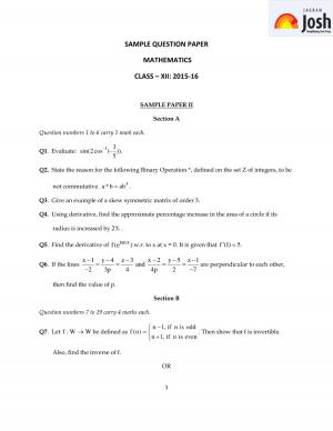CBSE Class 12 Mathematics Sample Paper 2016