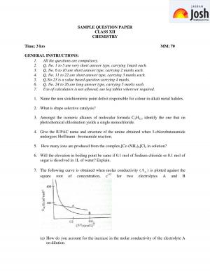 CBSE Class 12 Chemistry Sample Paper: 2016