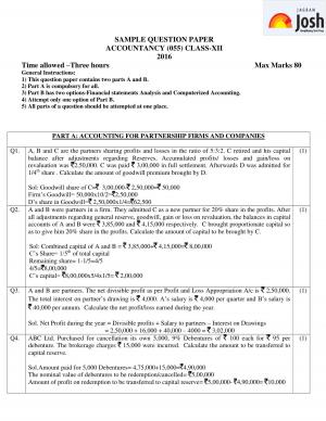 CBSE Class 12 Accountancy Sample Paper: 2016