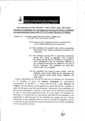 OSSC Recruitment 2015-16 for 11 Library Attendant Posts