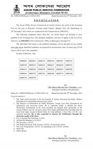 Assam PSC Announced Viva Voce Schedule for Research Assistant Post 2015-16