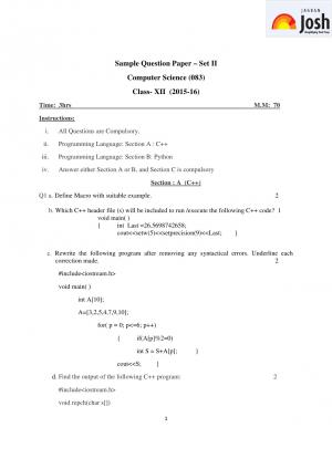CBSE Class 12 Computer Science Sample Paper 2016