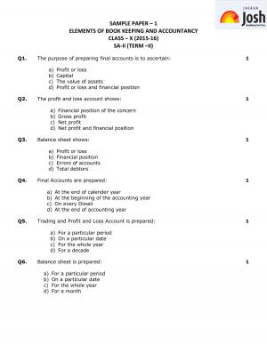 CBSE Class 10 Elements of Book Keeping and Accountancy Sample Paper SA–II: 2016