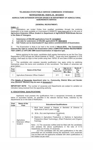 TSPSC Recruitment 2015-16 for 311 Agriculture Extension Officer Grade-II Posts
