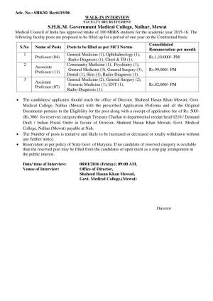 S.H.K.M. Government Medical College Recruitment 2015-16 for 22 Faculty Posts 