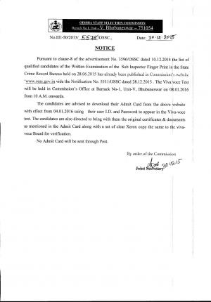 OSSC Declared Viva Voce Test Schedule for Sub Inspector Finger Print Post 2015