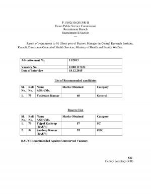 UPSC Declared Result for Factory Manager Post 2015
