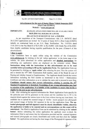 OSSC Recruitment 2016 for 12 Junior Motor Vehicle Inspector Posts