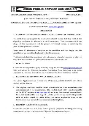 UPSC National Defence Academy & Naval Academy Examination (I) 2016: Notification