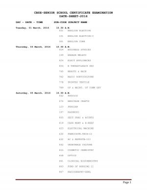CBSE Class 12 Date Sheet 2016