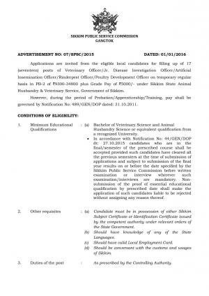 Sikkim PSC Recruitment 2016 for 17 Veterinary Officer Posts