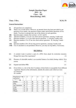 CBSE Class 12 Biotechnology Sample Paper: 2016