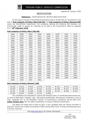 TPSC Declared Interview Schedule for Sub-Inspector of Police (Men/ Women) Post 2015-16