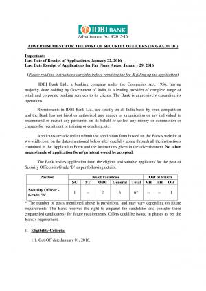 IDBI Bank Recruitment 2015-16 for 06 Security Officers Posts