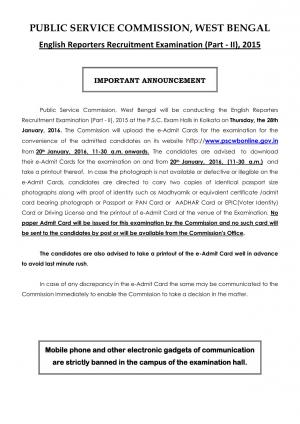 WBPSC English Reporters Recruitment Examination (Part - II) 2015: Exam Schedule
