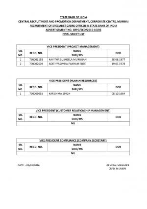 SBI Declared Result for Specialist Cadre Officer Post 2015-16