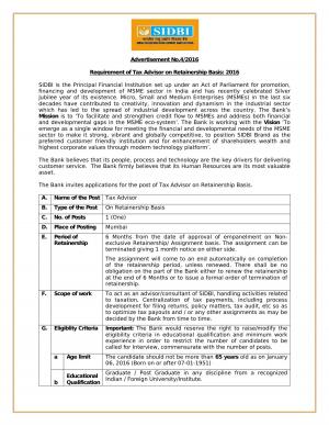 SIDBI Recruitment 2016 for Tax Advisor Post