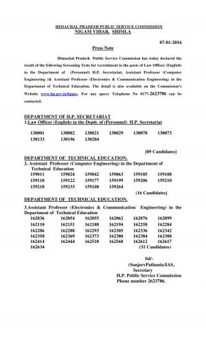HPPSC Declared Screening Test Result for Law Officer, Asst Professor & Other Posts 2016
