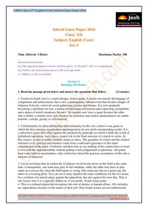 CBSE Class 12th English (Core) Solved Guess Paper: Set-I