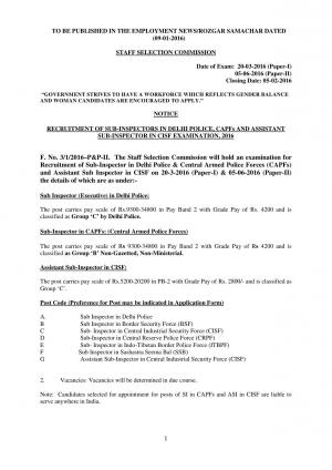 SSC CISF Examination 2016: Notification 