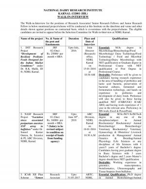 NDRI, Karnal Recruitment 2016 for 12 RA, SRF and JRF Posts