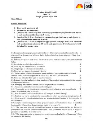 CBSE Class 12 Sociology Sample Paper 2016
