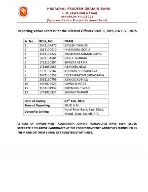 HP Gramin Bank Declared Reporting Venue & Schedule for Officer (Scale I & II) Posts 2015 1