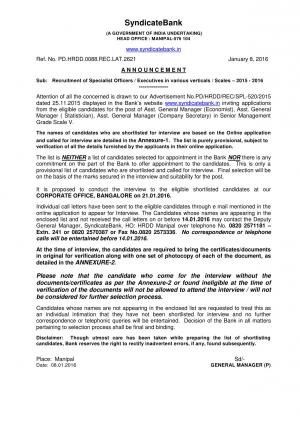 Syndicate Bank Declared Interview Schedule for Specialist Officers / Executives Posts 2016