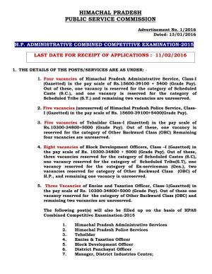H.P. Administrative Combined Competitive Examination-2015: Notification