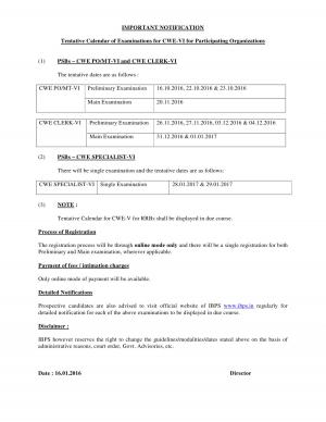 IBPS CWE-VI Exam 2016: Tentative Calendar of Examinations