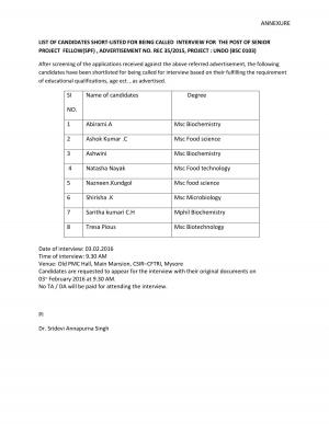 CFTRI Issued Interview Schedule for Senior Project Fellow Post 2016 