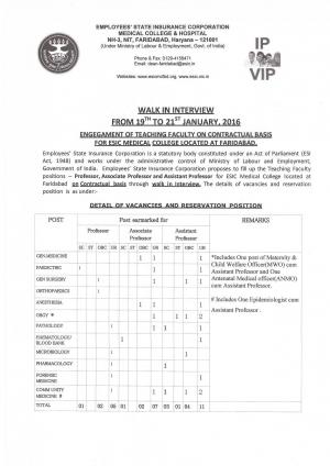 ESIC Medical College & Hospital, Faridabad Recruitment 2016 for 37 Faculty Posts 