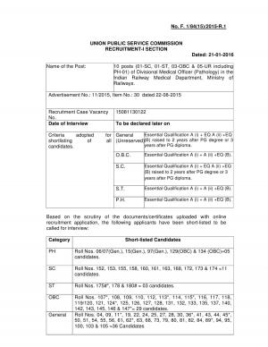 UPSC Declared Interview List for Divisional Medical Officer (Pathology) Post 2016