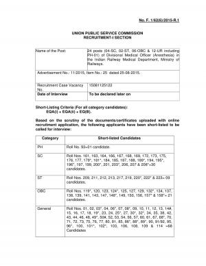 UPSC Declared Interview List for Divisional Medical Officer (Anesthesia) Post 2016