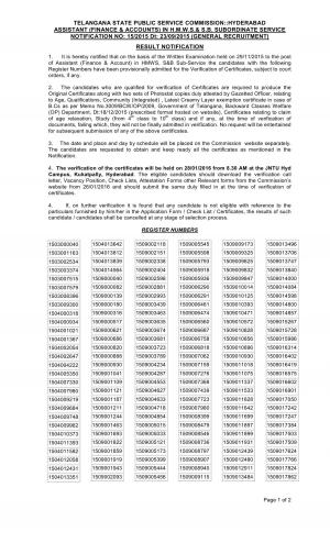 TSPSC Declared Document Verification Schedule for Assistant (Finance & Account) Post 2016