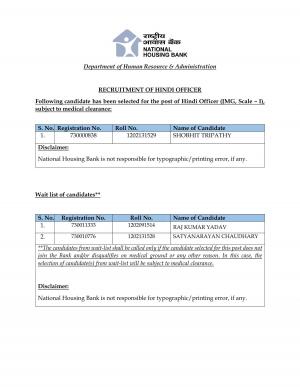 NHB Declared Result for Hindi Officer Post 2016