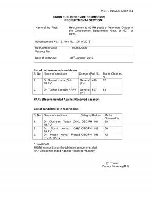 UPSC Declared Interview Result for Veterinary Officer Posts 2016 