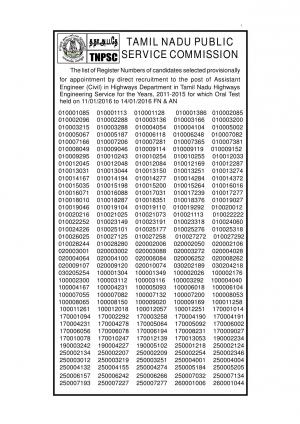 TNPSC Declared Result for Assistant Engineer (Civil) Post 2011-15