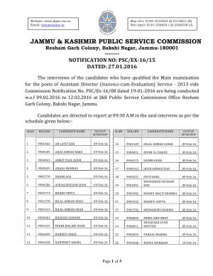 JKPSC Issued Interview Schedule for Assistant Director (Statistics-cum-Evaluation) Post 2016 