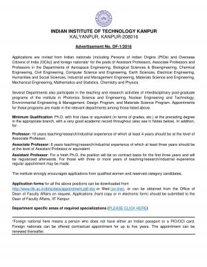 IIT Kanpur Recruitment 2016 for Faculty Posts 