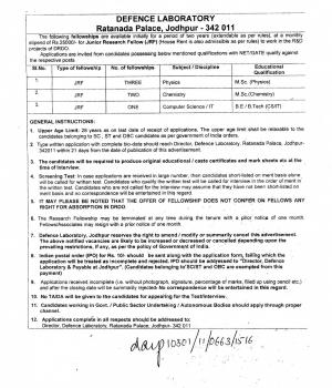 Defence Laboratory, Jodhpur Recruitment 2016 for 06 JRF Posts