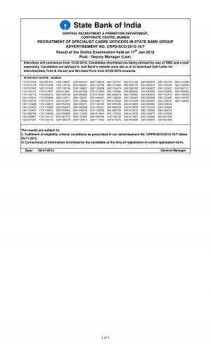 SBI Announced Interview Schedule for Deputy Manager (Law) Posts 2016