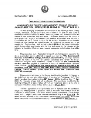 TNPSC Admission 2016 for Rashtriya Indian Military College, Dehradun