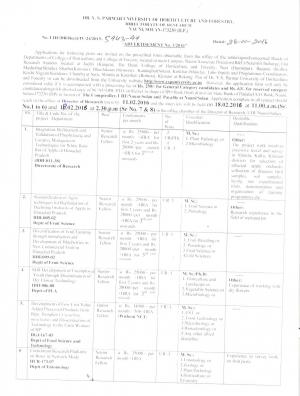 Dr. Y.S. Parmar University of Horticulture and Forestry Recruitment 2016 for 09 Various Posts