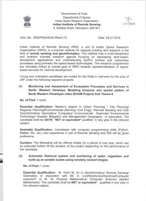 IIRS Dehradun, Recruitment 2016 for 08 Junior Research Fellow (JRFs) Posts