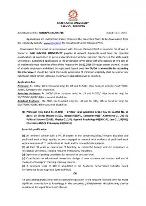 Kazi Nazrul University Recruitment 2016 for Teaching Posts