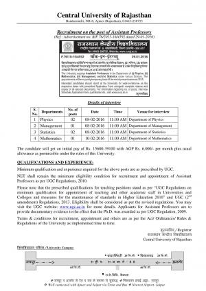 Central University of Rajasthan Recruitment 2016 for 06 Assistant Professor Posts