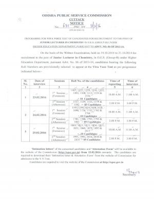 OPSC Declared Interview List for Junior Lecturer (Chemistry) 2016