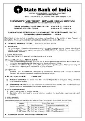 SBI Recruitment 2016 for Vice President - Compliance (Company Secretary) Post